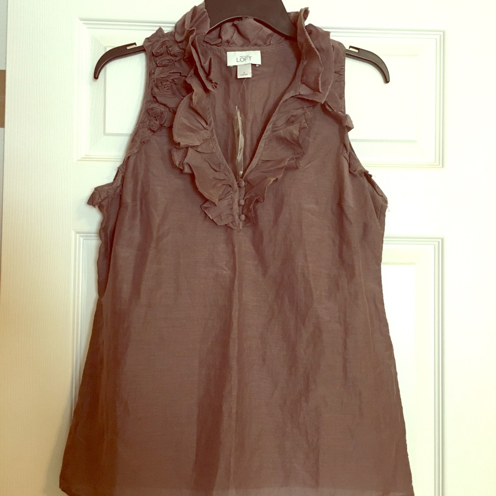 NWT S Brown Top from Loft w/ Neck & Rose Detail